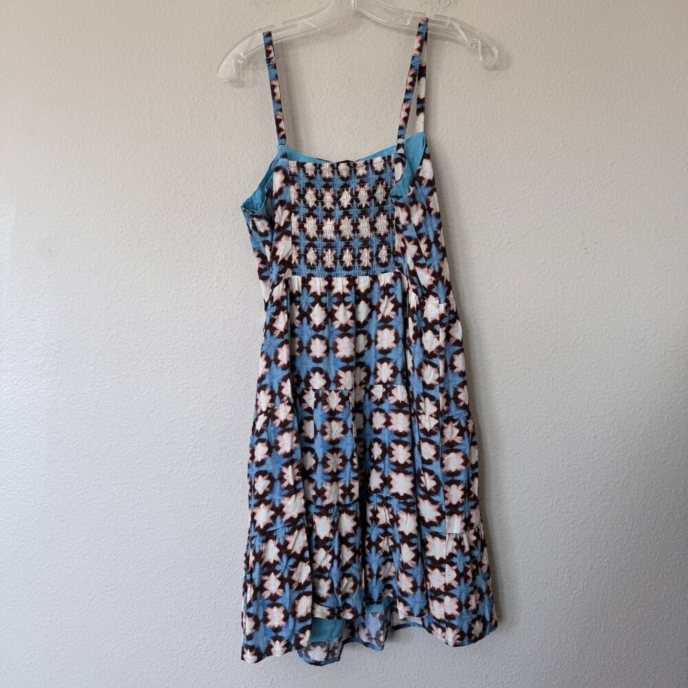 NEW Loft Tiered Smocked Dress Teal Brown Geo Print Size 8 Spring - Picture 7 of 8